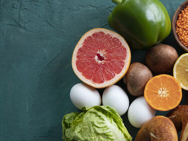 A photo of eggs, fruits, and vegetables 